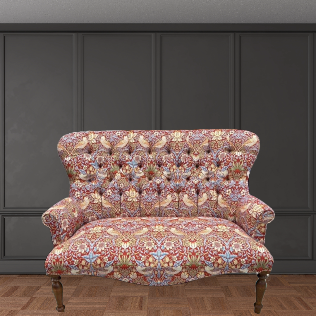 Red Bird William Morris-Style Two-Seater Armchair